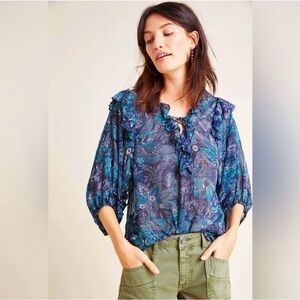 Anthropologie Teal and Navy Patterned Blouse